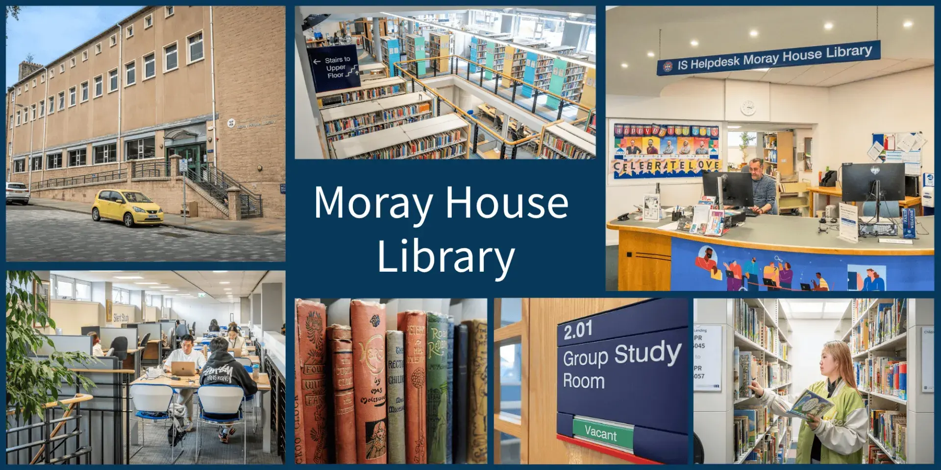 A photo montage of Moray House Library showing books, study spaces, the exterior and the helpdesk
