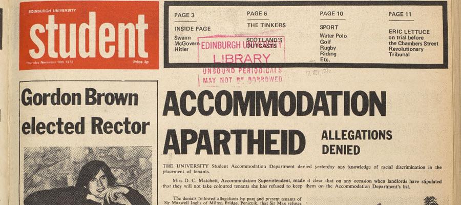 Picture of front page of The Student Newspaper 16 Nov 1972. Headline reads 'Accommodation Apartheid'