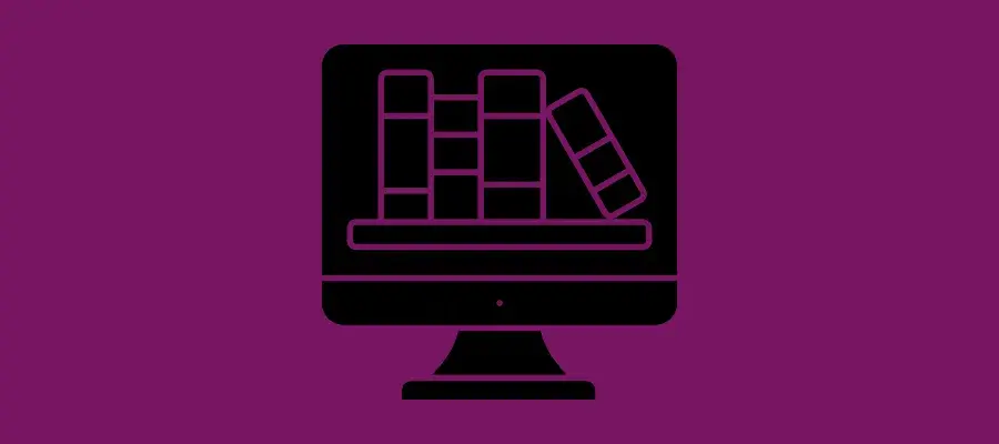 Graphic of a computer screen with books displayed.
