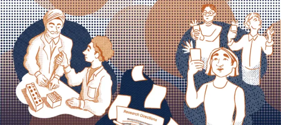 Various forms of participatory research in action, including lab work to the left and app based data collection to the right.