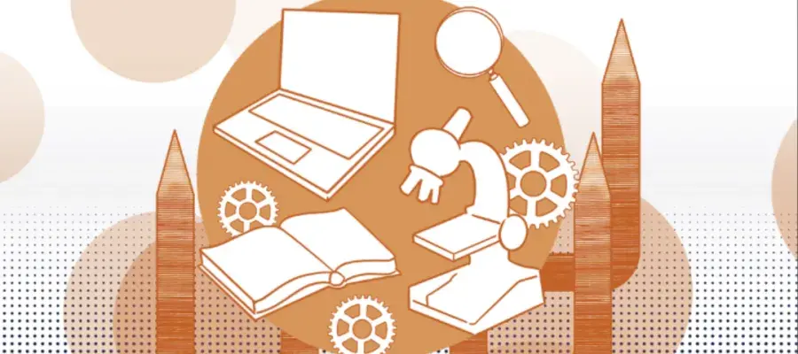 Arrows pointing upwards with a computer, book, microscope, and magnifier in the central circle.