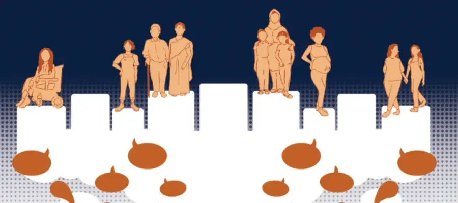 A graph with various figures standing atop each bar, with speech bubbles below.
