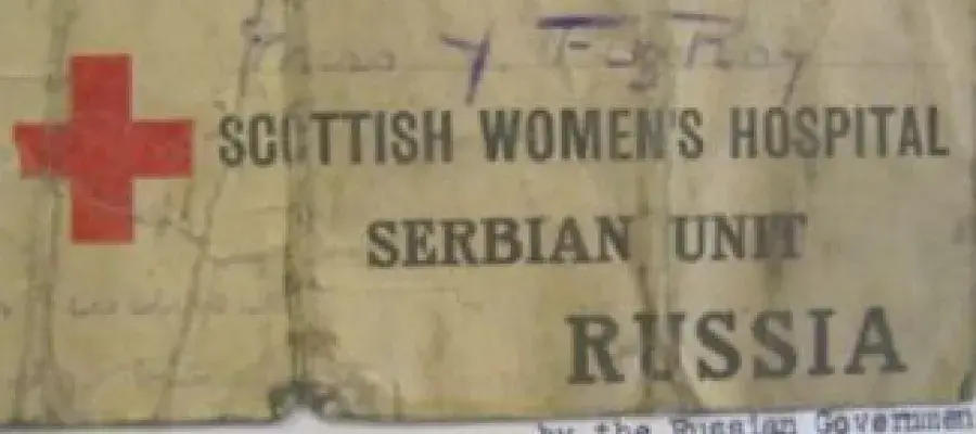 Luggage label, Fitzroy scrapbook. Text reads: Scottish Women's Hospital Serbian Unit Russia