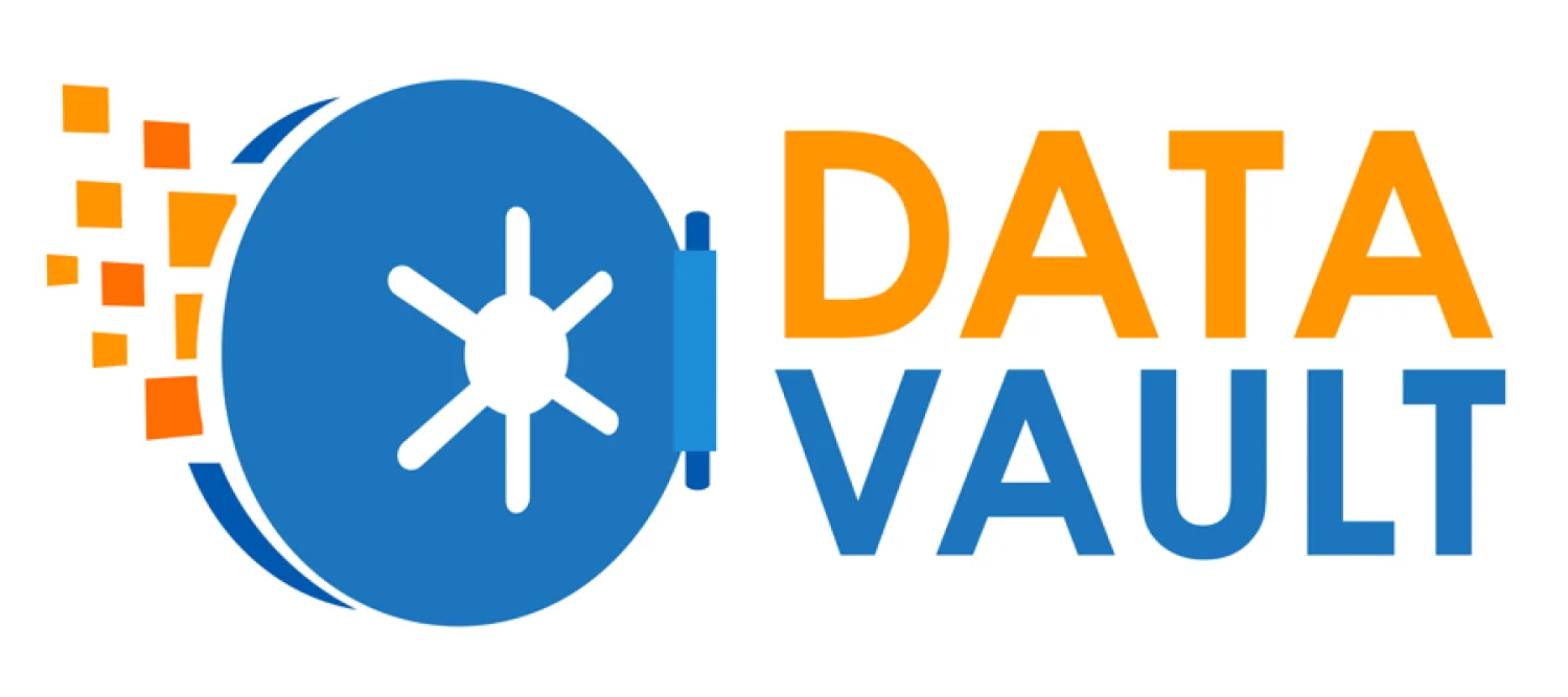 Letters spelling DataVault with image of a round storage tape