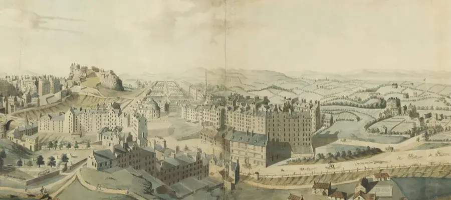 Aquatint showing a panoramic view of Edinburgh
