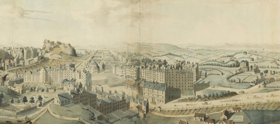 Aquatint showing a panoramic view of Edinburgh