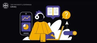 Decorative. Graphic of person using a laptop.