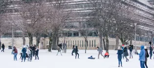 Main Library in the background and group of students having a snowball fight.