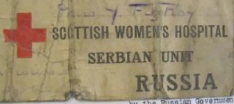 Luggage label, Fitzroy scrapbook. Text reads: Scottish Women's Hospital Serbian Unit Russia