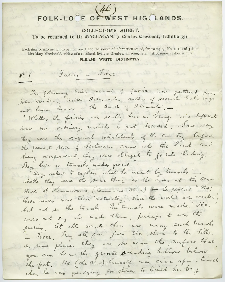 a sheet of paper headed Folklore of the West highlands, with a handwritten account of Fairies in Tiree
