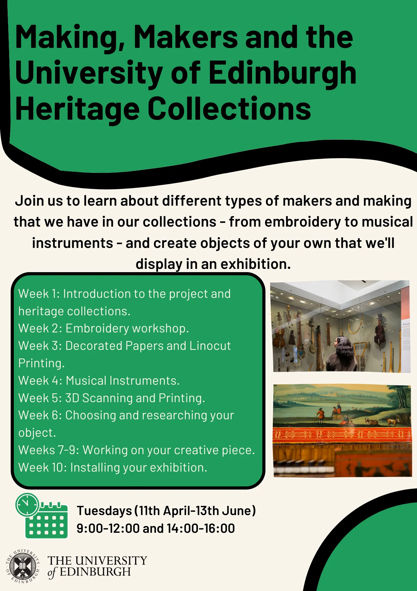 A flyer showing the schedule for the Makers, Making and University of Edinburgh Heritage Collections project at HMP Perth