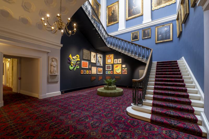 View of collection artworks in Old College stairwell