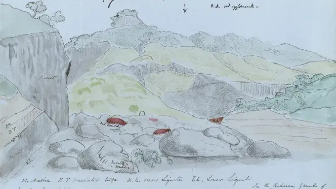 Charles Lyell, Sketch of the geological formations of the Fajaa do Taboado and the Achada do Mundo, 1850s (Coll-203/2, f.58)