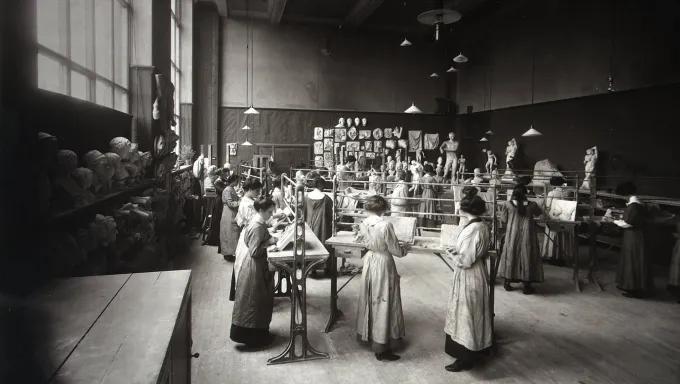 Group of students working on ornamental plasterwork in an Edinburgh College of Art studio containing casts c.1910s, Edinburgh College of Art Archive
