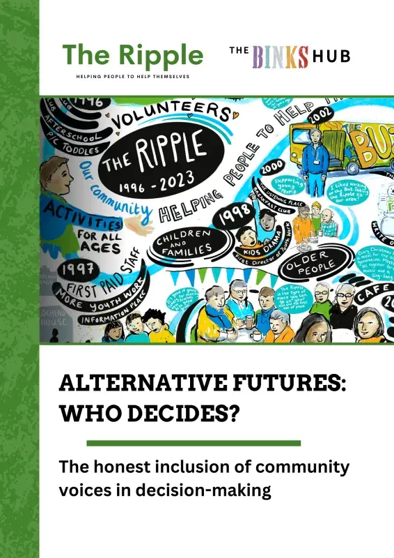 A cover for the Community Read "Alternative Futures: Who Decides", with the subtitle "The honest inclusion of community voices in decision-making". The Ripple and Binks logos are on the top, with an artwork displaying various community voices, histories, and priorities below.