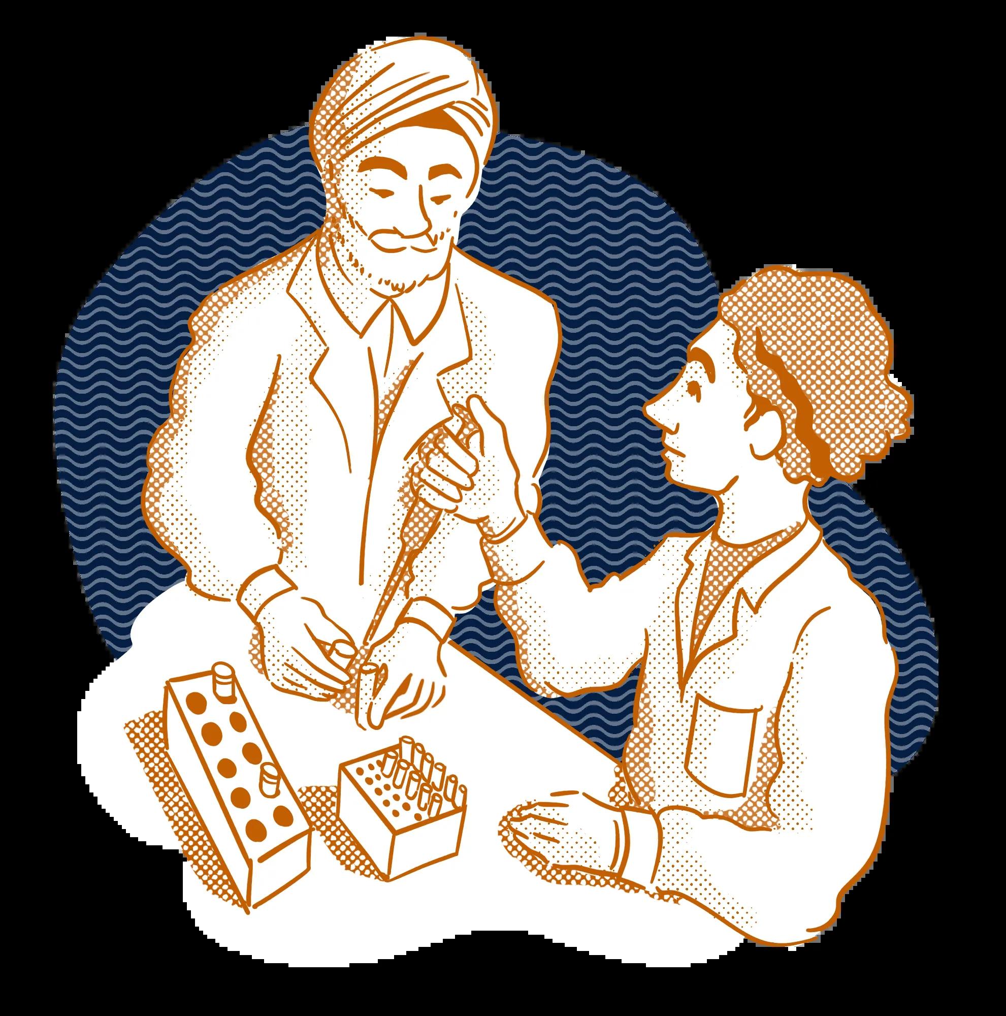 A line drawing of an older man and a younger man in a lab using equipment.