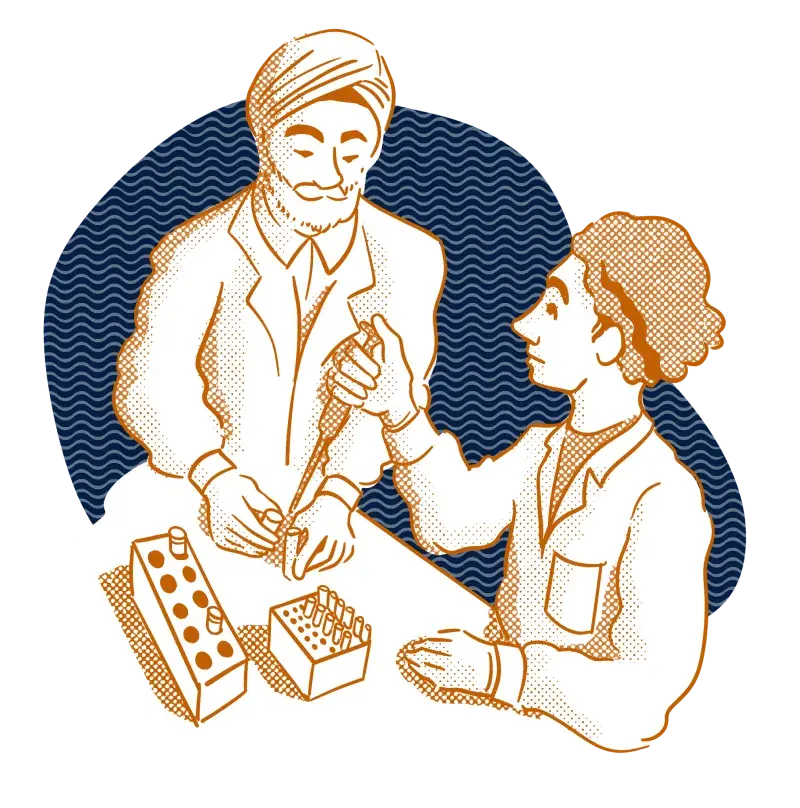 A line drawing of an older man and a younger man in a lab using equipment.