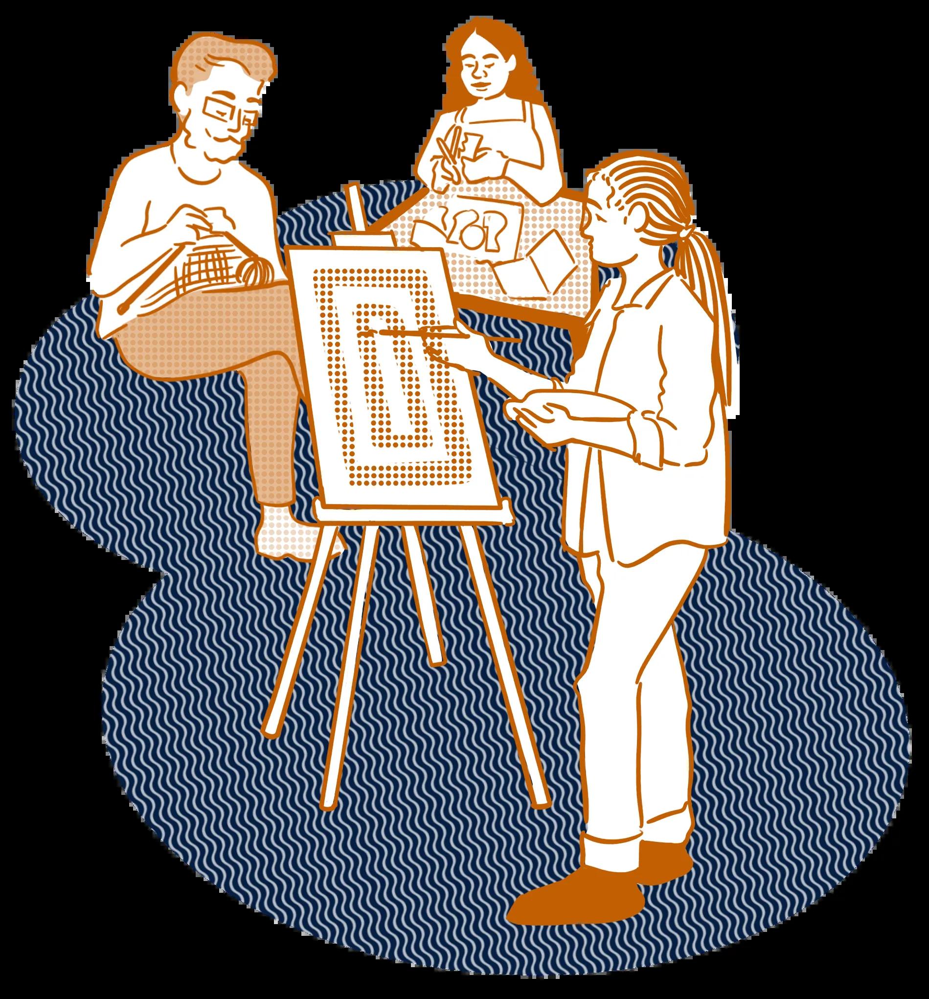 Three people take part in a variety of creative activities. In the foreground, a person stands in front of an easel, painting.