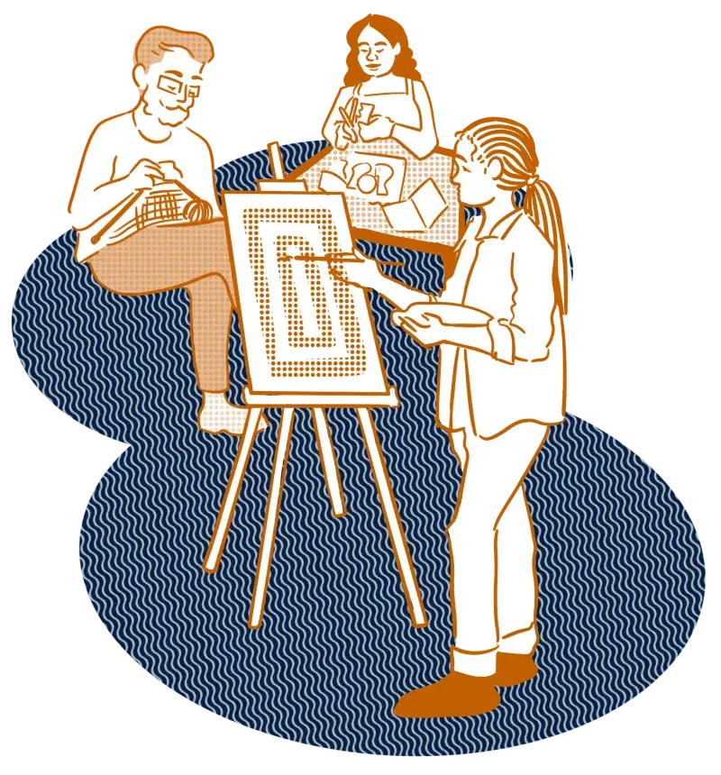 Three people take part in a variety of creative activities. In the foreground, a person stands in front of an easel, painting.