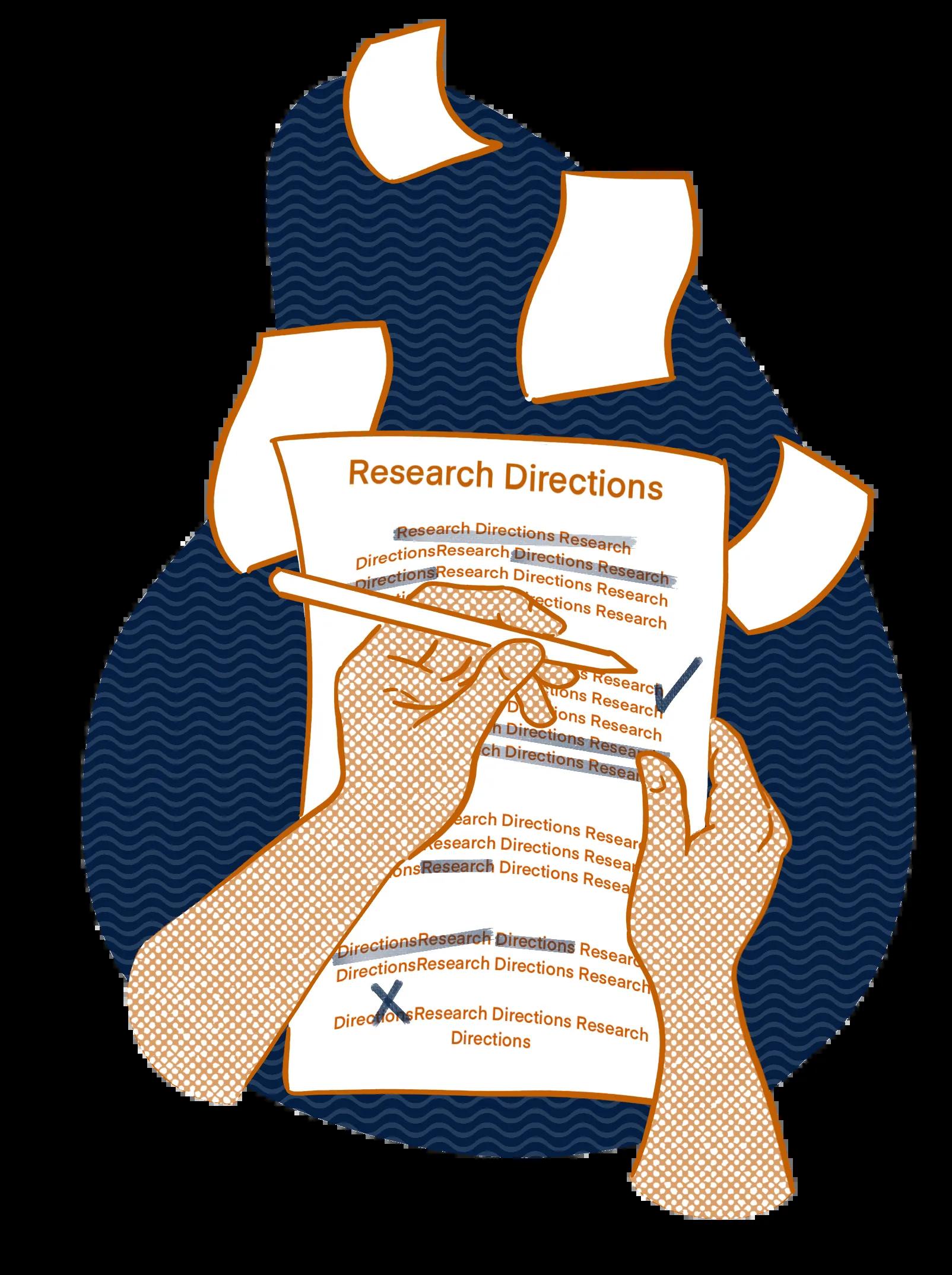 A pair of hands make edits to a sheet of paper marked "Questionnaire" with other blank papers floating behind.
