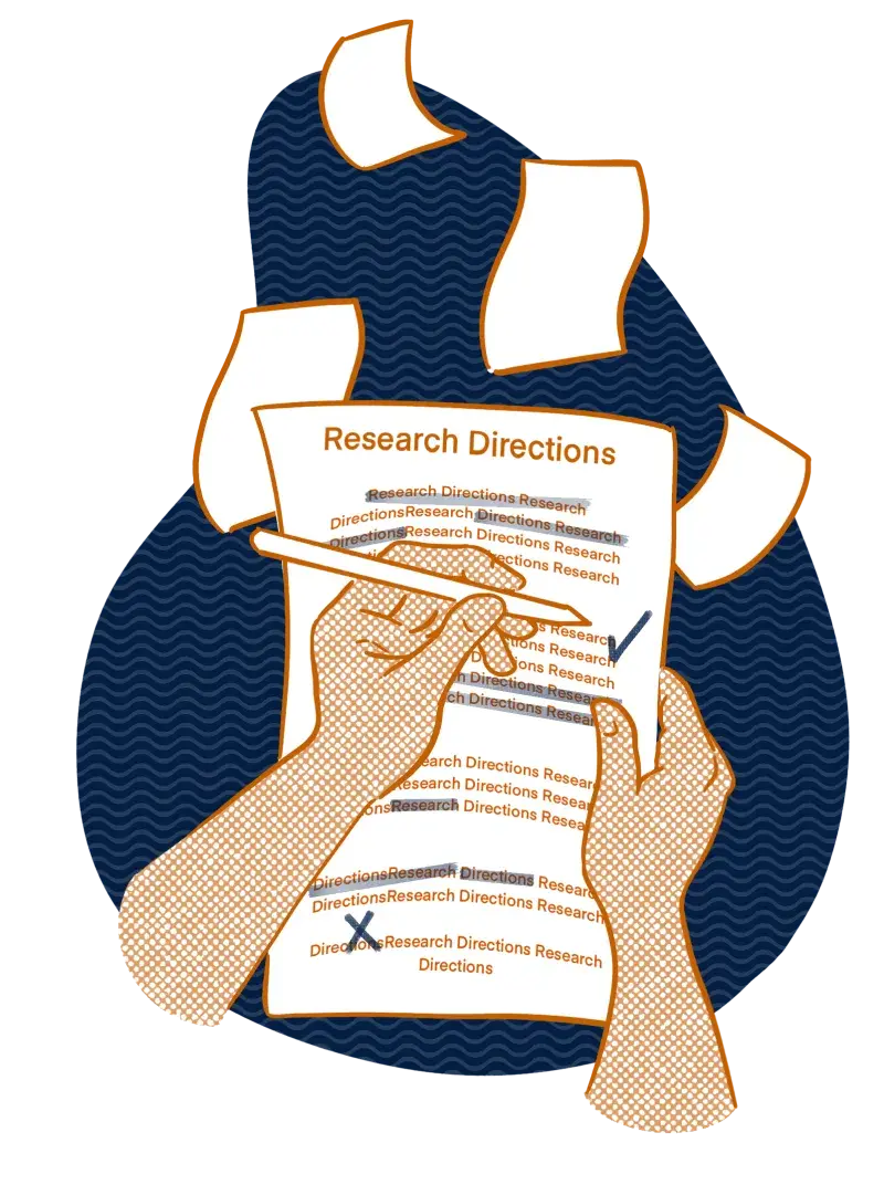 A pair of hands make edits to a sheet of paper marked "Questionnaire" with other blank papers floating behind.