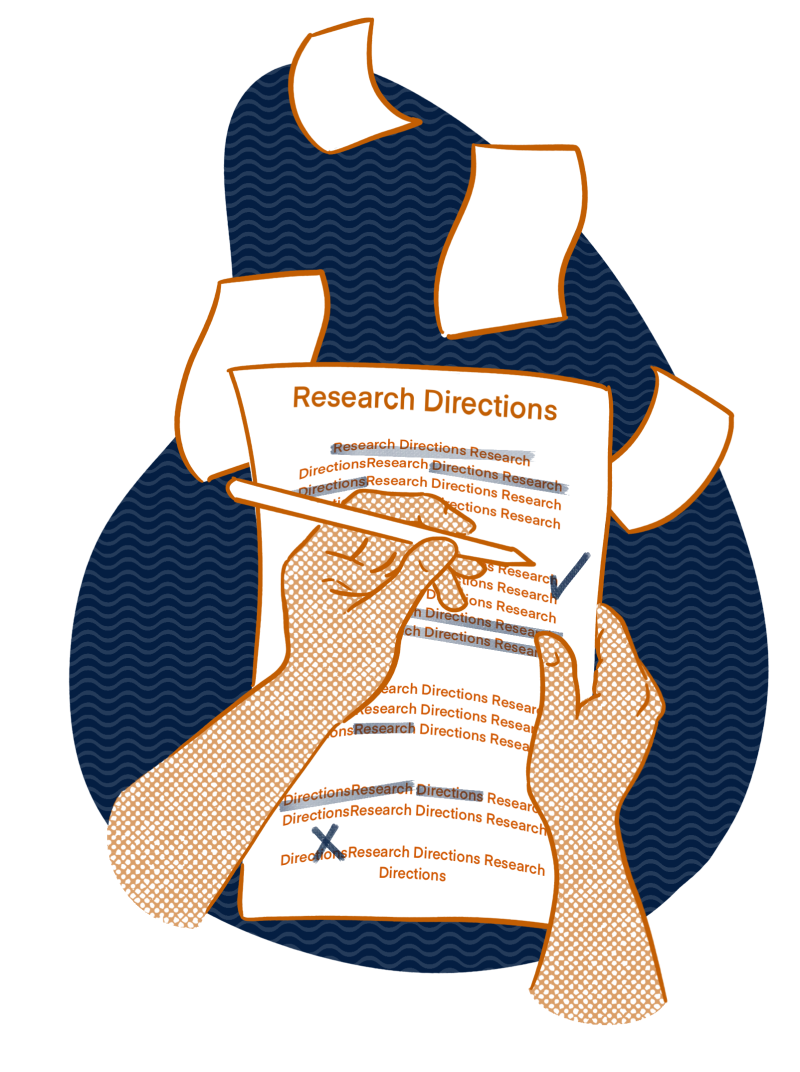 A pair of hands make edits to a sheet of paper marked "Questionnaire" with other blank papers floating behind.