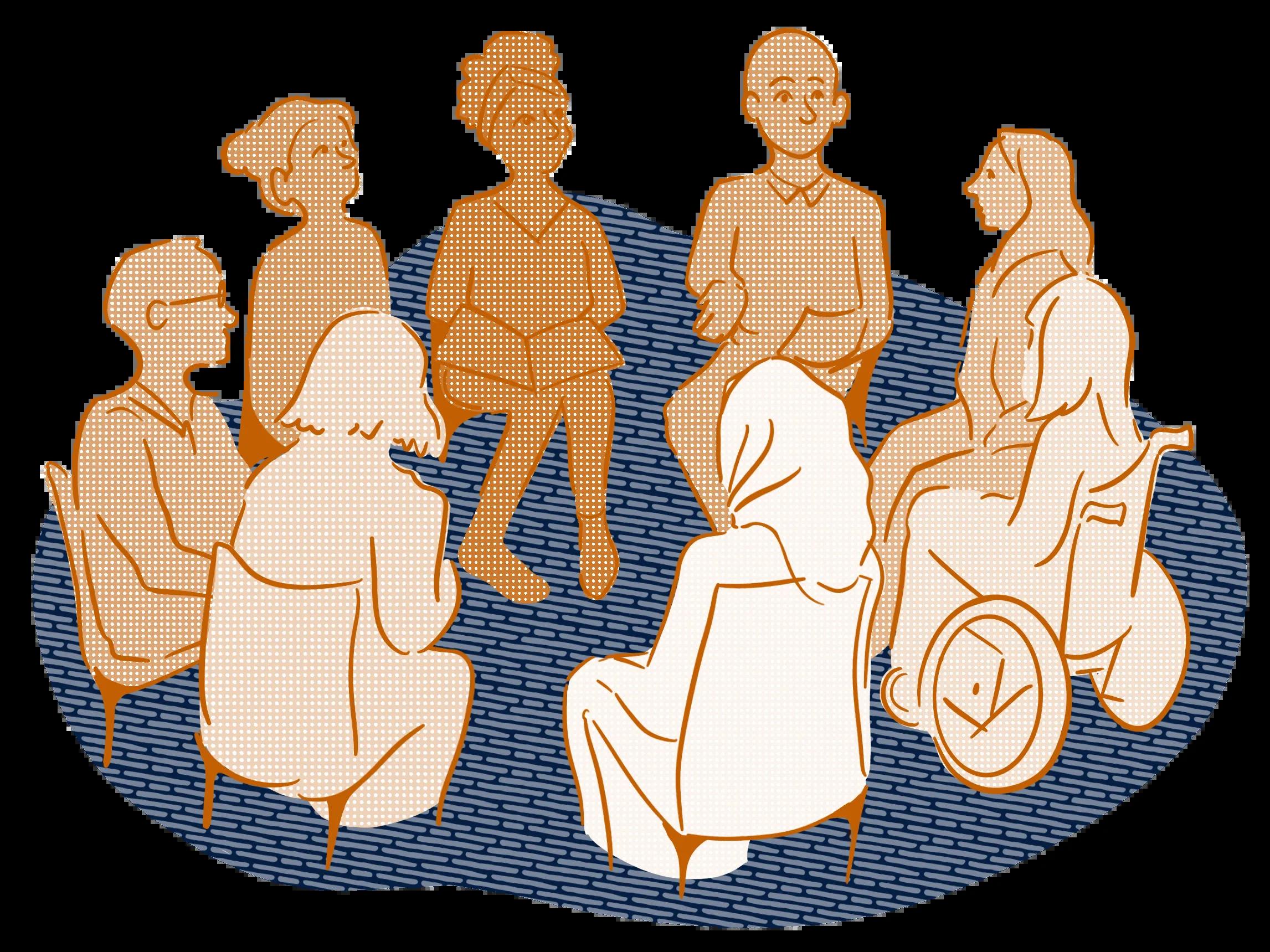 A group of people sit in a circle discussing research directions.