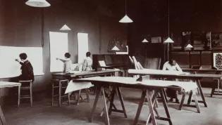 Four women in an Edinburgh College of Art studio undertaking interior design work, c.1910s, Edinburgh College of Art Archive