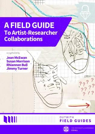 Cover image for "A Field Guide to Working with Creatives". The cover image shows line drawn footsteps with field guide scribbles and notes, surrounded by Library branding.