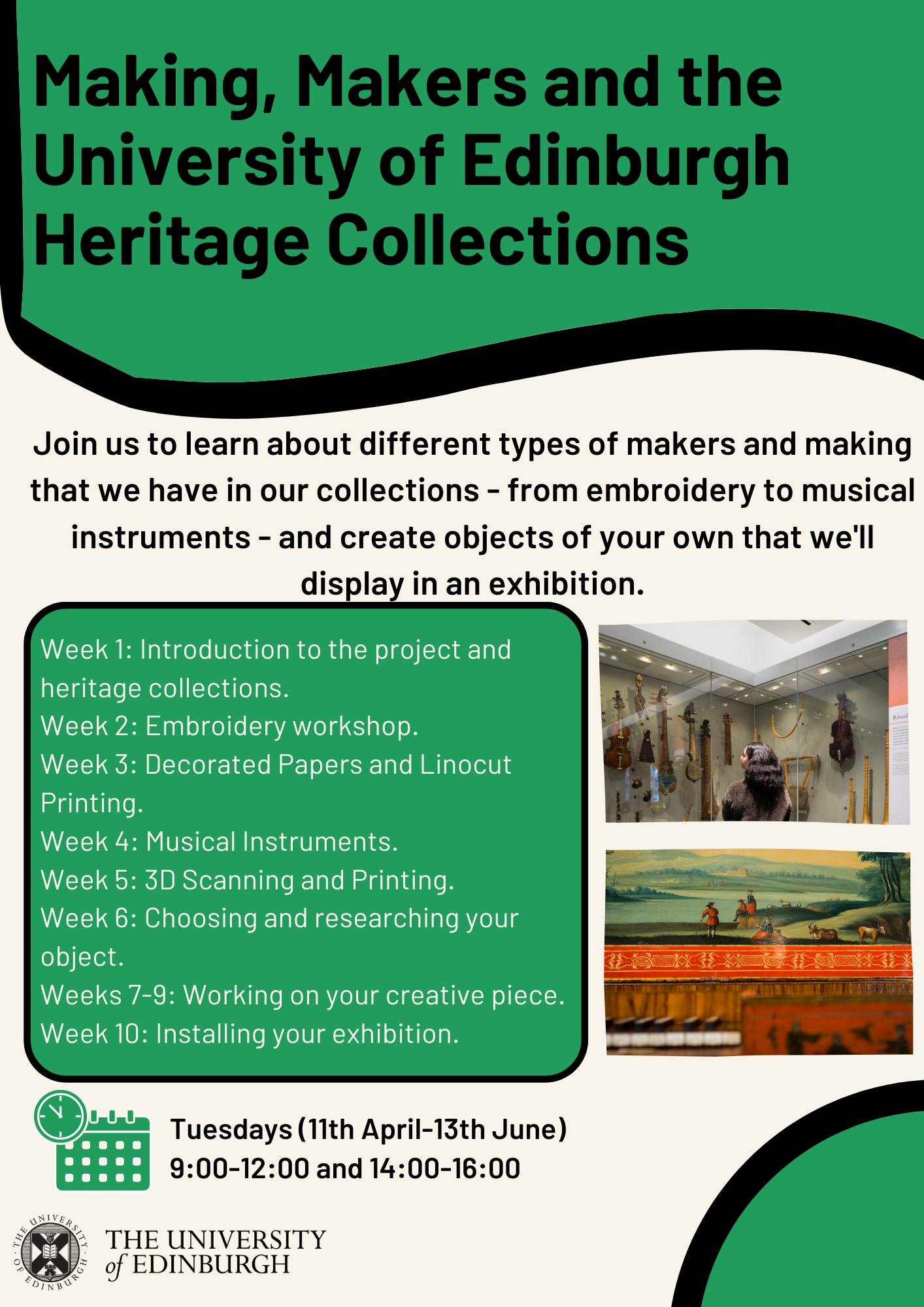 A flyer showing the schedule for the Makers, Making and University of Edinburgh Heritage Collections project at HMP Perth